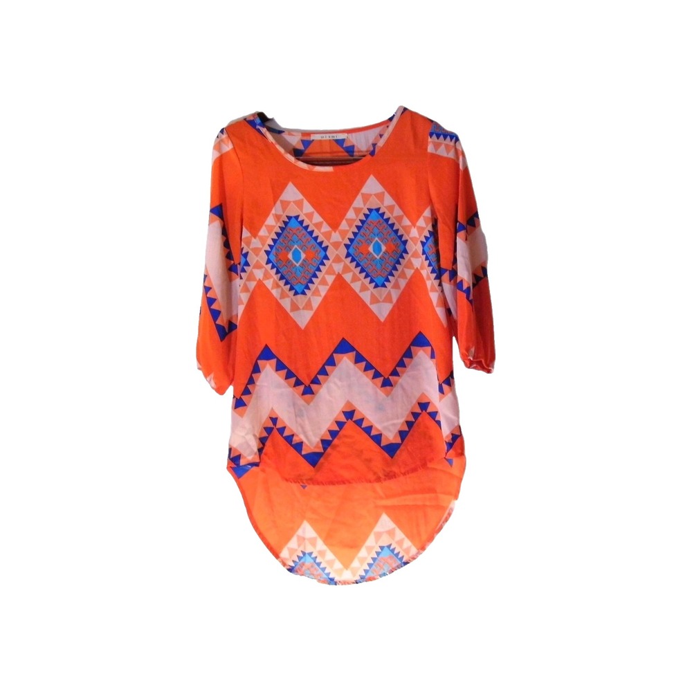 Miami Womens Aztec High Low Top 3/4 Sleeve Orange Multicolor Blouse S 1-00191
